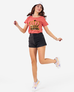 Korallenrotes Damen-T-Shirt mit Krone und Pailletten - Kleidung
