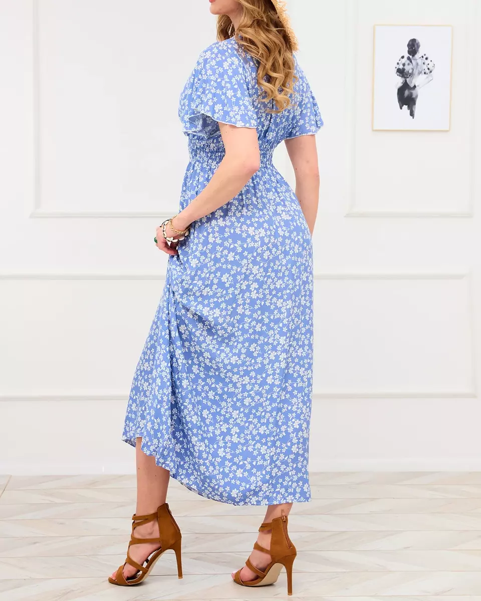 Langes blaues Damenkleid mit Blumenmotiv - Kleidung