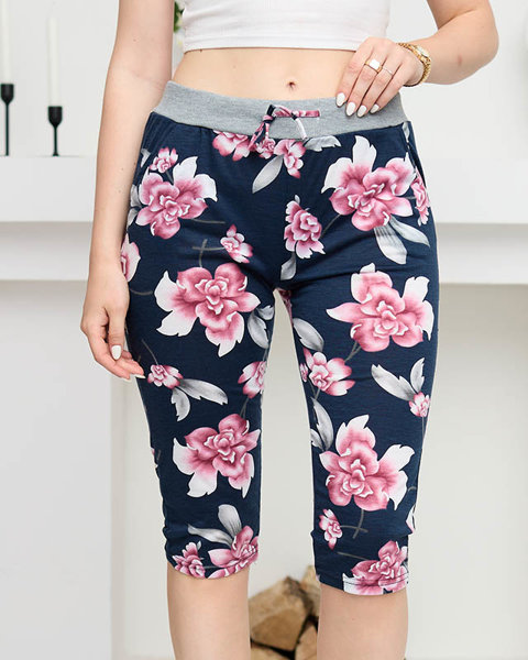 Marineblaue 3/4-Shorts für Damen mit rosa Blumen GROSSE GRÖSSE - Kleidung