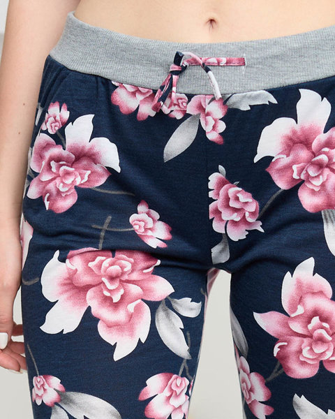 Marineblaue 3/4-Shorts für Damen mit rosa Blumen GROSSE GRÖSSE - Kleidung