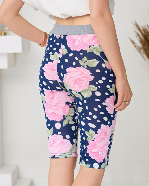 Marineblaue 3/4-Shorts mit Blumenmuster für Damen - Kleidung