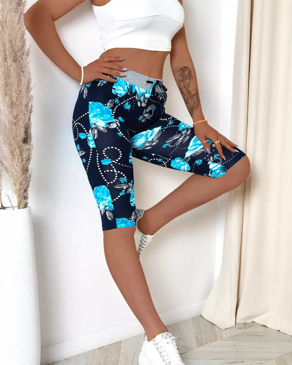 Marineblaue Damen-Shorts in 3/4-Länge mit blauen Blumen GROSSE GRÖSSE - Kleidung