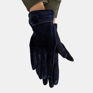Marineblauer Damen-Velourshandschuh mit Bommel - Accessoires