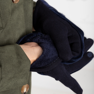 Marineblauer Damen-Velourshandschuh mit Bommel - Accessoires