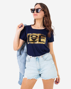 Marineblaues Damen-T-Shirt mit Aufschrift und Pailletten - Kleidung