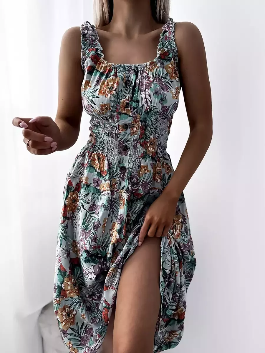 Minzfarbenes knielanges Damenkleid mit Blumenmotiv- Kleidung
