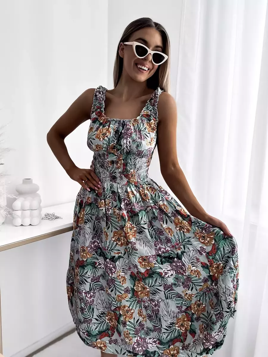 Minzfarbenes knielanges Damenkleid mit Blumenmotiv- Kleidung