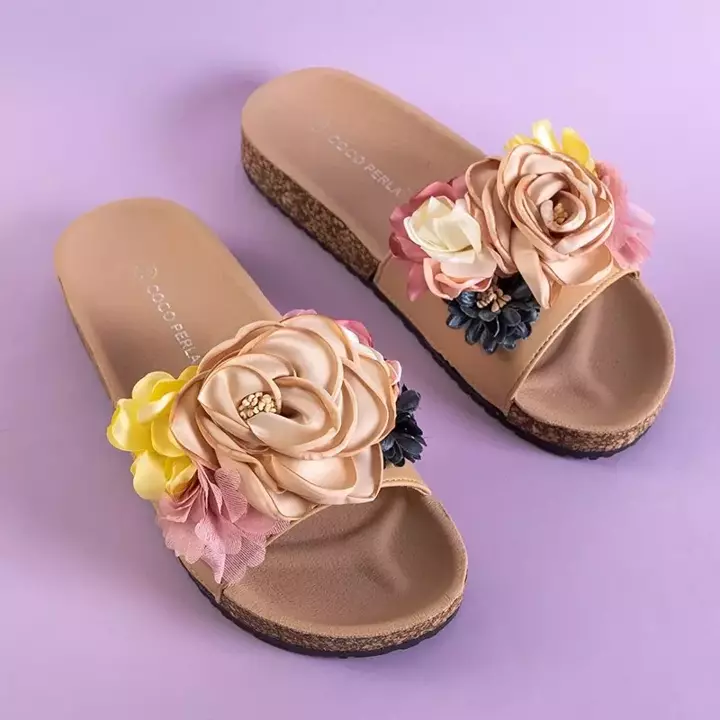 OUTLET Beige Damen Flip-Flops mit Blumen Florencia - Schuhe