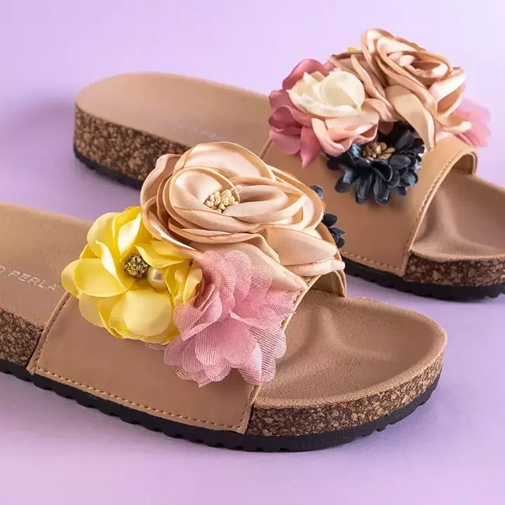 OUTLET Beige Damen Flip-Flops mit Blumen Florencia - Schuhe