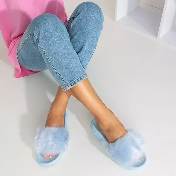 OUTLET Blaue Hausschuhe mit Fell Millie-Footwear