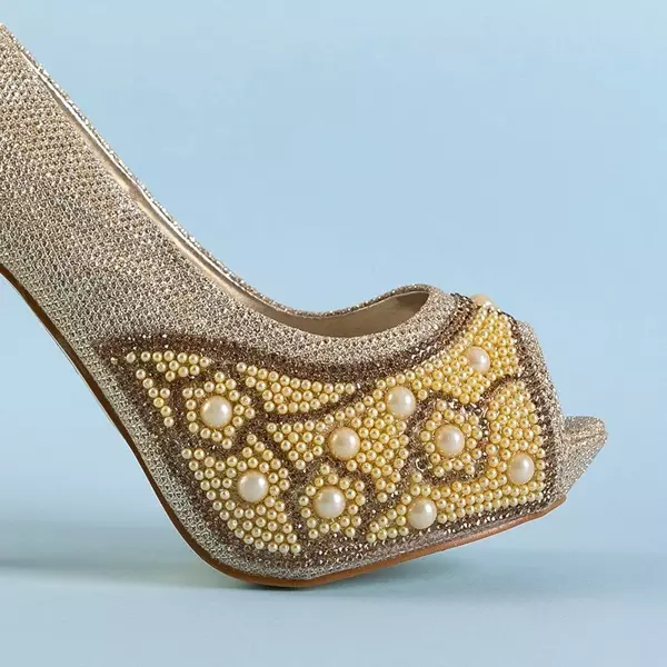 OUTLET Gold Damen glänzende High Heels mit Zirkonia und Perlen Mira - Schuhe