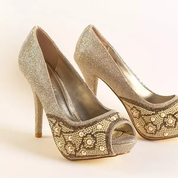 OUTLET Gold glänzende Pumps auf einem Prisca Stöckelabsatz - Schuhe