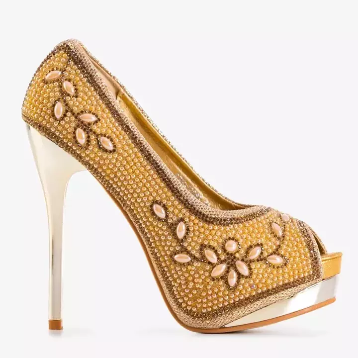 OUTLET Goldene Damen-Brokat-Pumps auf Stiletto-Absatz mit Ansia-Ornamenten - Schuhe