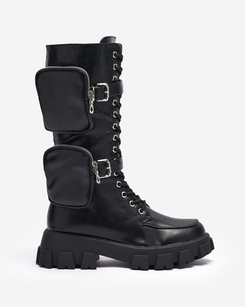 OUTLET Schwarze Baggerstiefel mit dekorativen Taschen auf dem Schaft Sello- Footwear