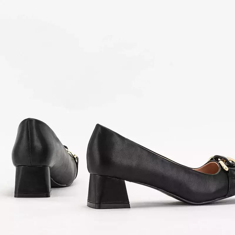 OUTLET Schwarze Damenpumps auf niedrigem Pfosten mit Vetina-Dekoration - Schuhe