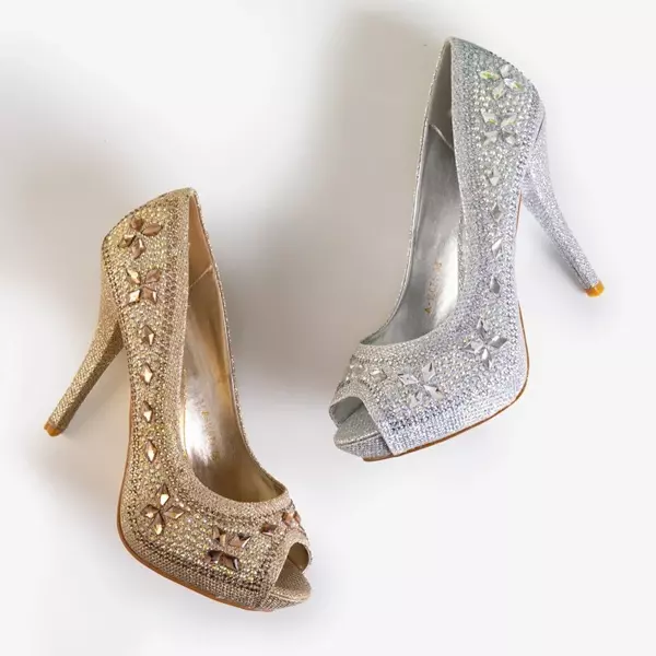 OUTLET Silberne Damenpumps an einer Nadel mit Polinari-Dekorationen - Schuhe