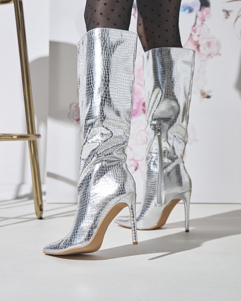 OUTLET Silberne Damenstiefel mit Stilettoabsatz und Prägung Power - Schuhe