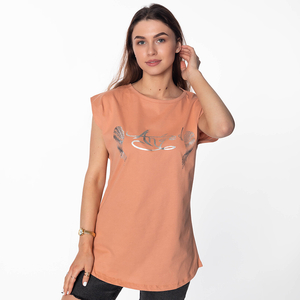 Orangefarbenes Damen-T-Shirt mit Golddruck und Aufschrift - Kleidung