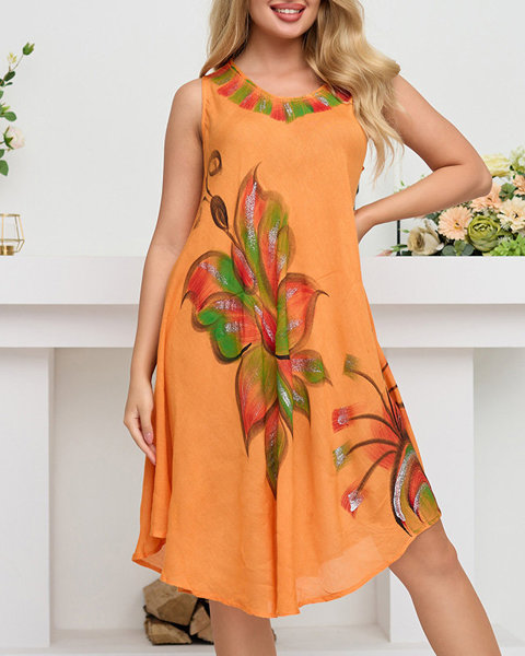 Orangefarbenes luftiges Damenkleid vor dem Knie mit sommerlichem Aufdruck - Kleidung