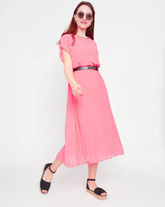 Pinkes, neonfarbenes Midikleid mit Falten und Gürtel für Damen - Kleidung