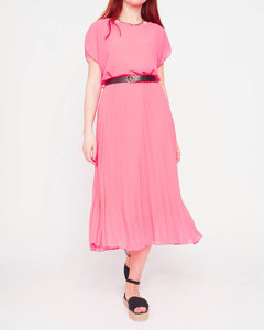Pinkes, neonfarbenes Midikleid mit Falten und Gürtel für Damen - Kleidung