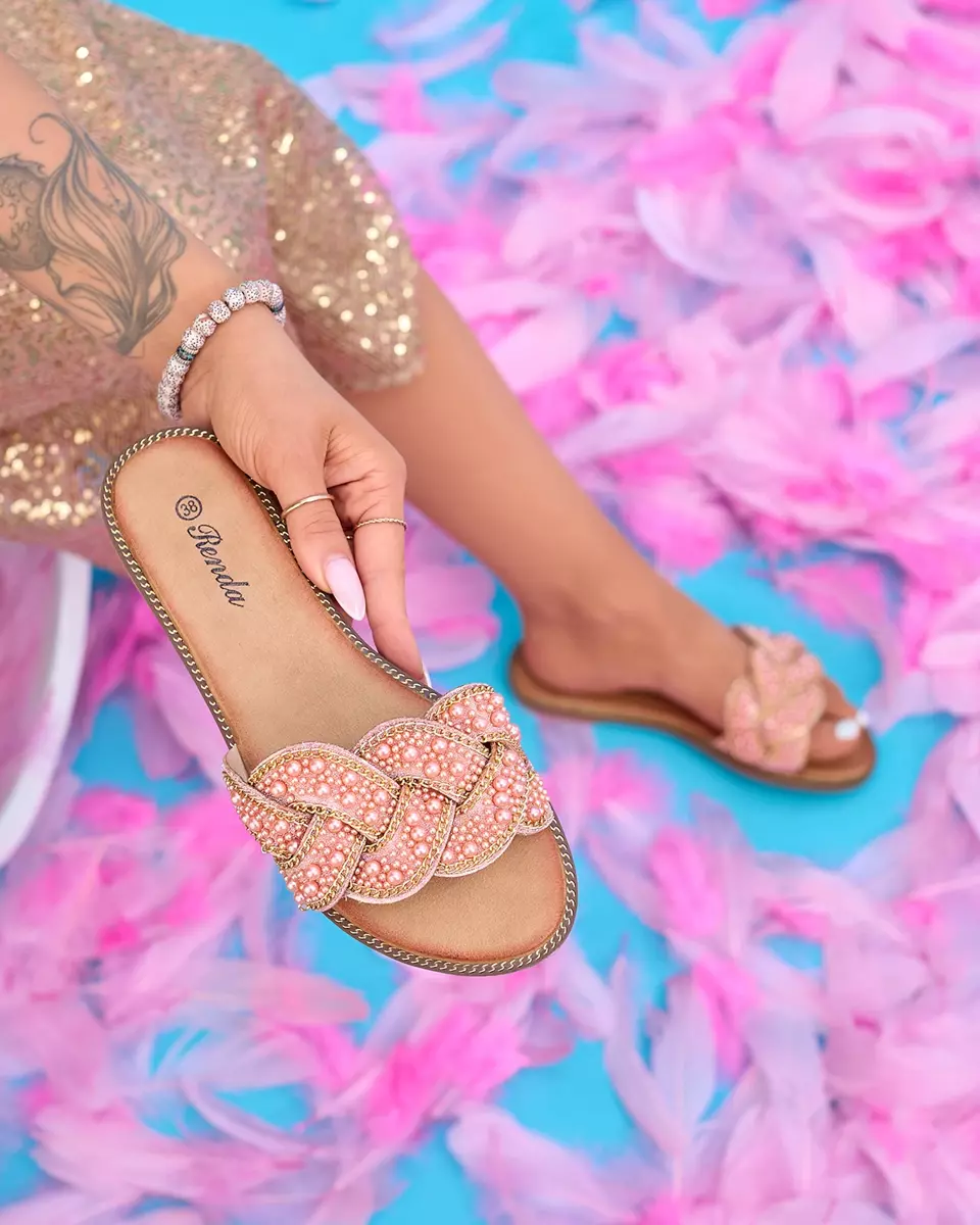 Rosa Damenhausschuhe mit Perlen und Perlen Cetera - Schuhe