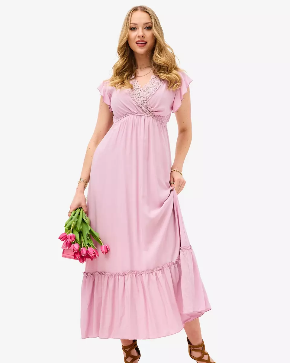 Rosafarbenes langes Damenkleid mit Spitze - Kleidung