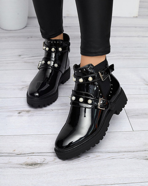 Schwarz lackierte Damenstiefel mit Perlen Visos- Footwear
