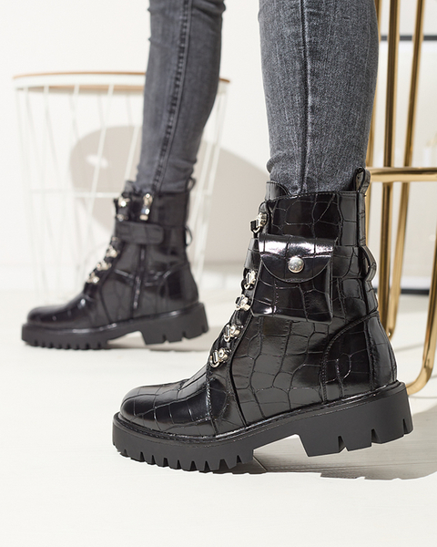 Schwarze Damen Baggerstiefel mit Prägung Scerolla- Footwear