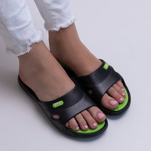 Schwarze Damen-Hausschuhe aus Gummi mit grünem Briliana-Einsatz - Schuhe