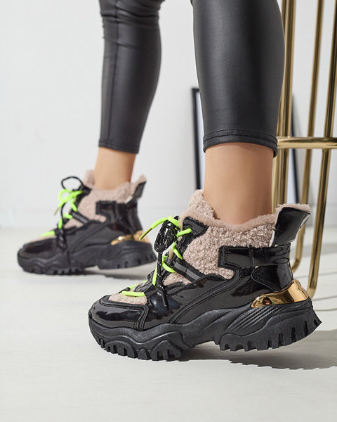 Schwarze Damen-Sportschuhe mit Pelz und neongelben Schnürsenkeln Adbo- Footwear