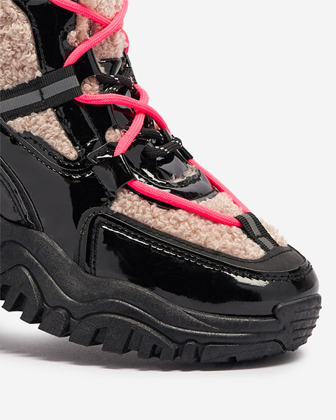 Schwarze Damen-Sportschuhe mit Pelz und neonpinken Schnürsenkeln Adbo- Footwear