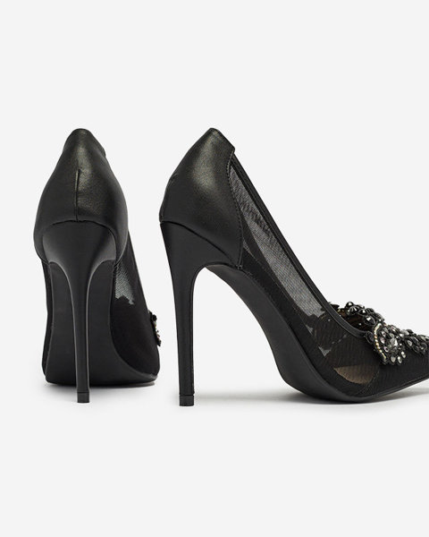 Schwarze Damen-Stiletto-Pumps mit Mesh und Zirkonen Heiflo- Footwear