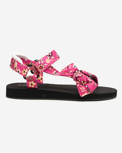 Schwarze Damensandalen mit rosa Blumenstreifen - Schuhe