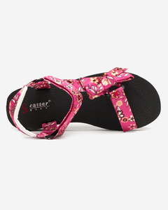 Schwarze Damensandalen mit rosa Blumenstreifen - Schuhe