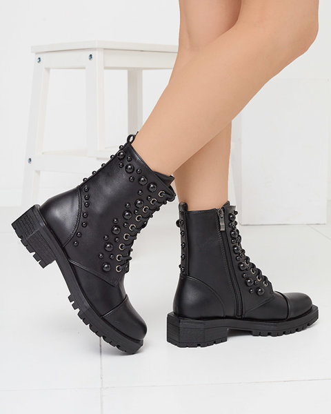 Schwarze Öko-Lederstiefel für Damen mit Perlen Wass - Footwear
