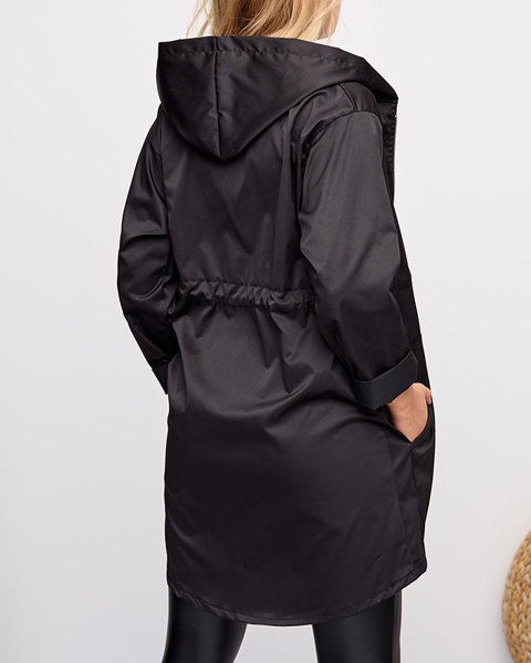 Schwarze lange Windbreaker-Jacke mit gebundener Taille für Damen - Kleidung