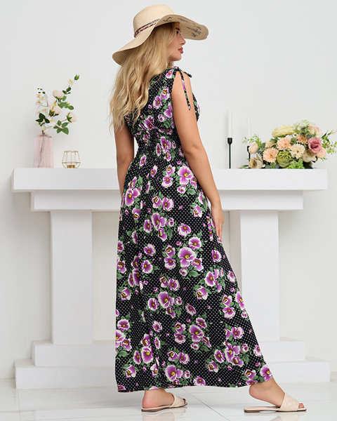 Schwarzes Damen-Maxikleid mit lila Blumen - Kleidung