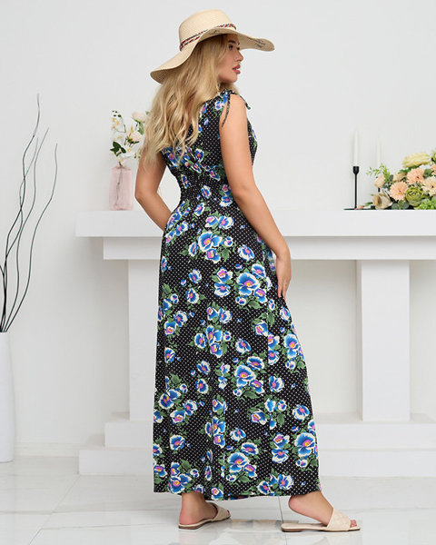 Schwarzes Maxikleid für Damen mit blauen Blumen - Kleidung