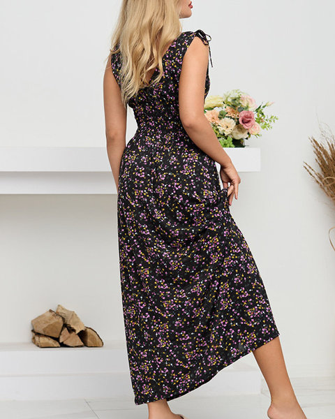 Schwarzes Maxikleid für Damen mit lila Blumen - Kleidung
