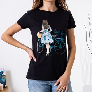Schwarzes bedrucktes Baumwoll-T-Shirt der Frauen - Kleidung