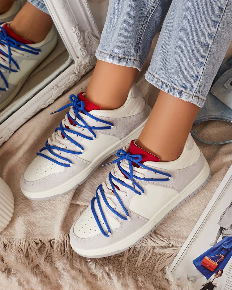 Weiß-graue Damen-Sport-Sneakers mit marineblauen Schnürsenkeln Olierinc - Schuhe