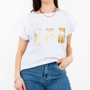 Weißes Damen-T-Shirt aus Baumwolle mit goldenem Teddybären-Print - Kleidung