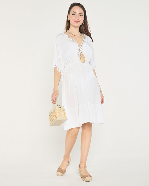 Weißes kurzes Damenkleid mit Rüschen und Fransen - Bekleidung