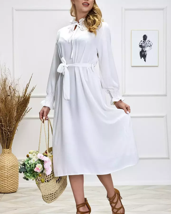 Weißes langes Damenkleid mit Bindeband in der Taille - Kleidung