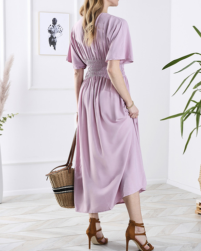Rosa langes Damenkleid mit Umschlagausschnitt - Kleidung