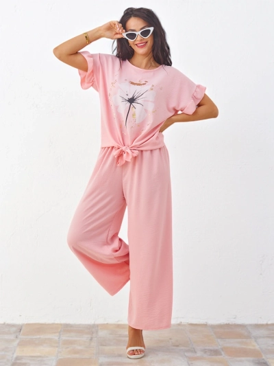 Royalfashion Damen Freizeitset mit einer kurzärmligen Bluse und weiten Hosen