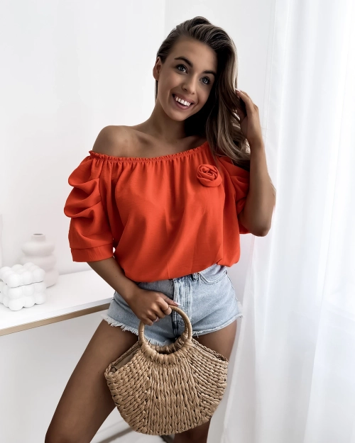 Royalfashion Помаранчева жіноча блузка а-ля іспанська блузка з квіткою