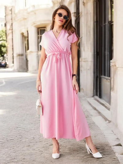 Royalfashion Damen-Midikleid mit Wickelausschnitt, kurzen Ärmeln und einem Gürtel
