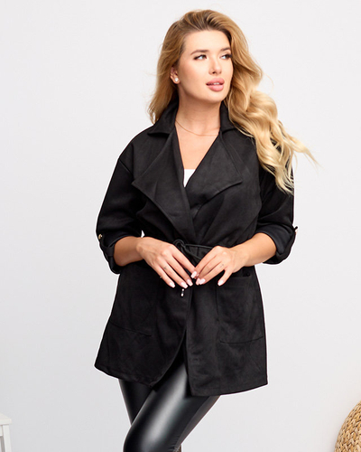 Cape-Jacke aus Öko-Wildleder für Damen in Schwarz mit Bindeband in der Taille - Kleidung